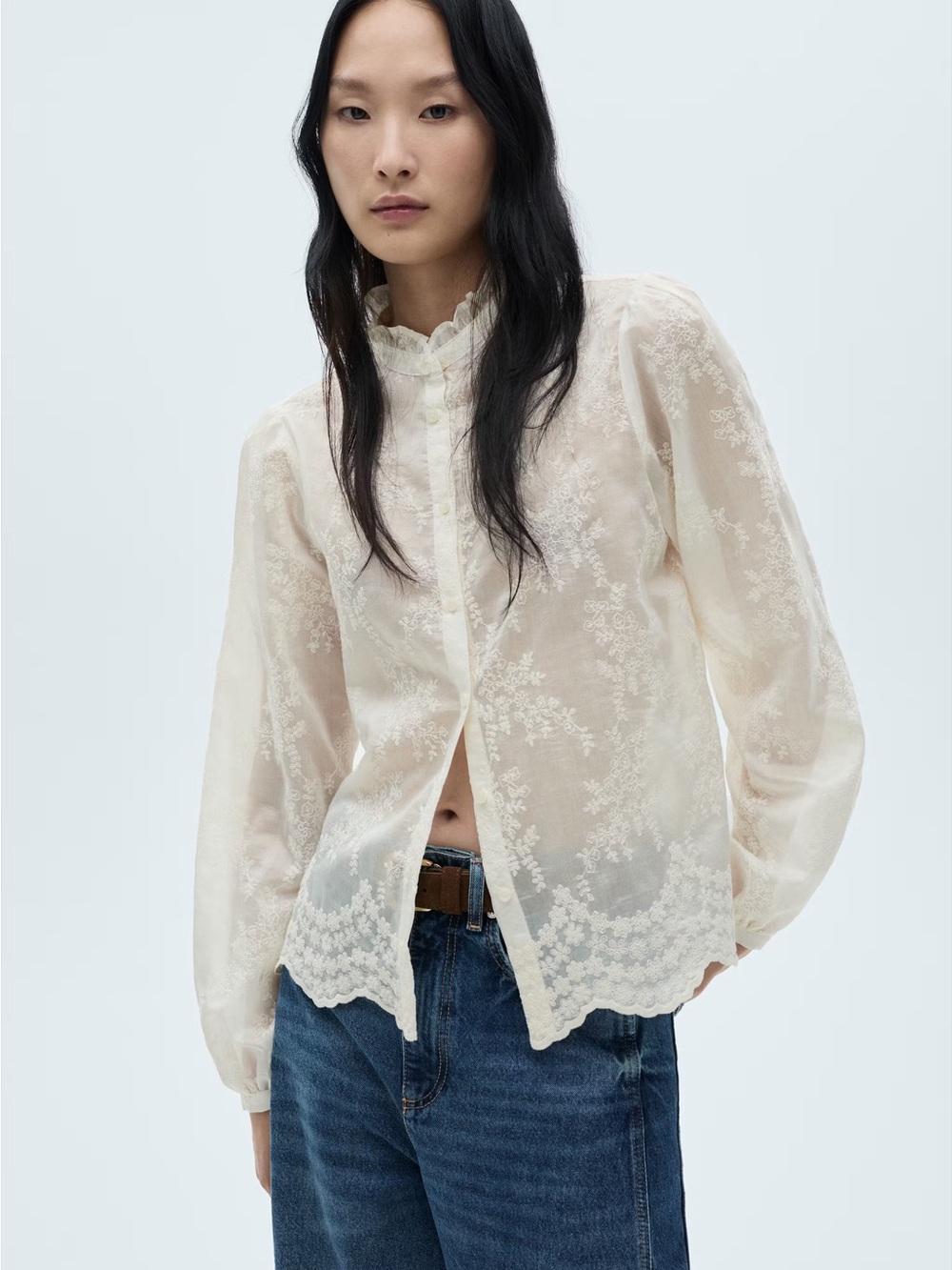 NWT Mango Sheer Lace-Embroidered Ruffle Collar Blouse